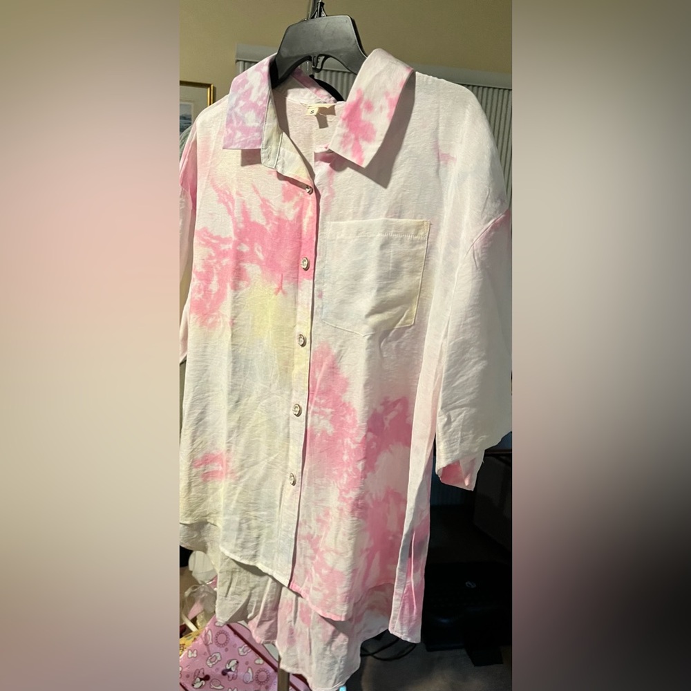 POL Pink and Yellow Casual Button Down Shirt